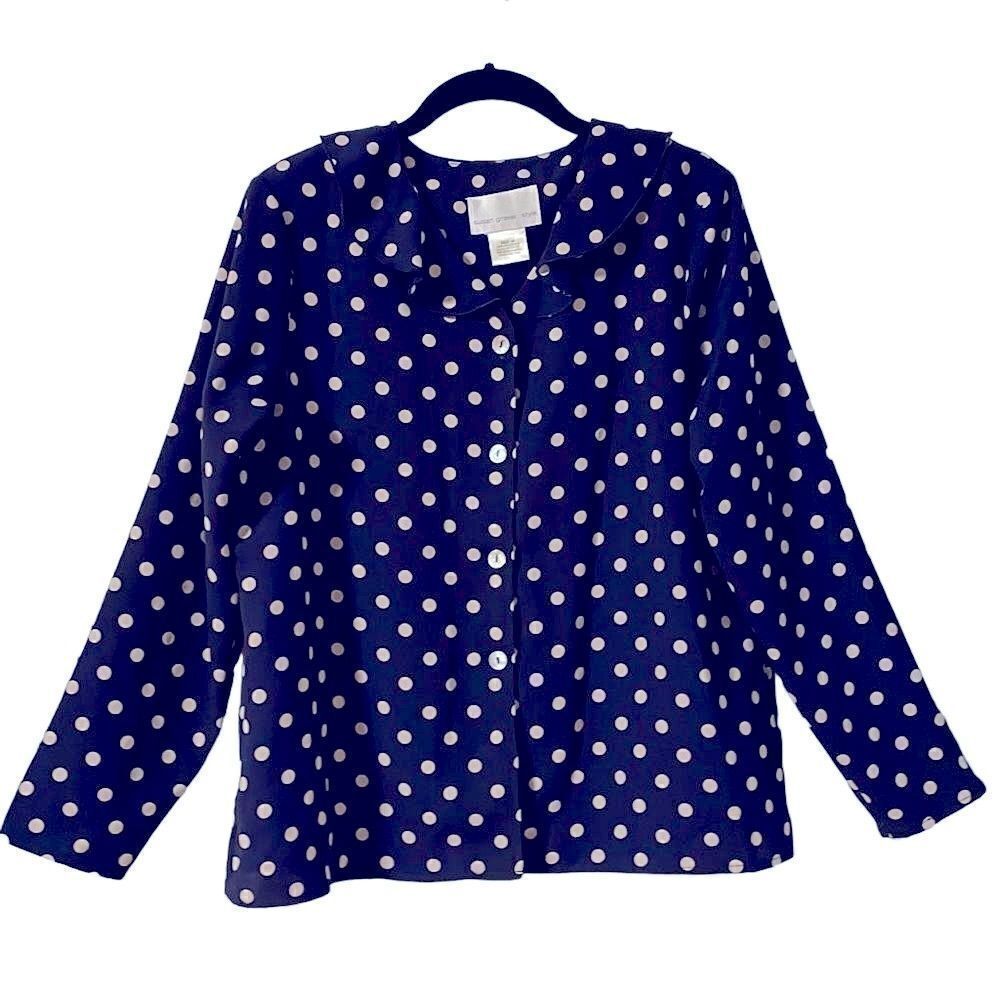 Susan Graver navy w polka dots button up gentle ruffle collar blouse M